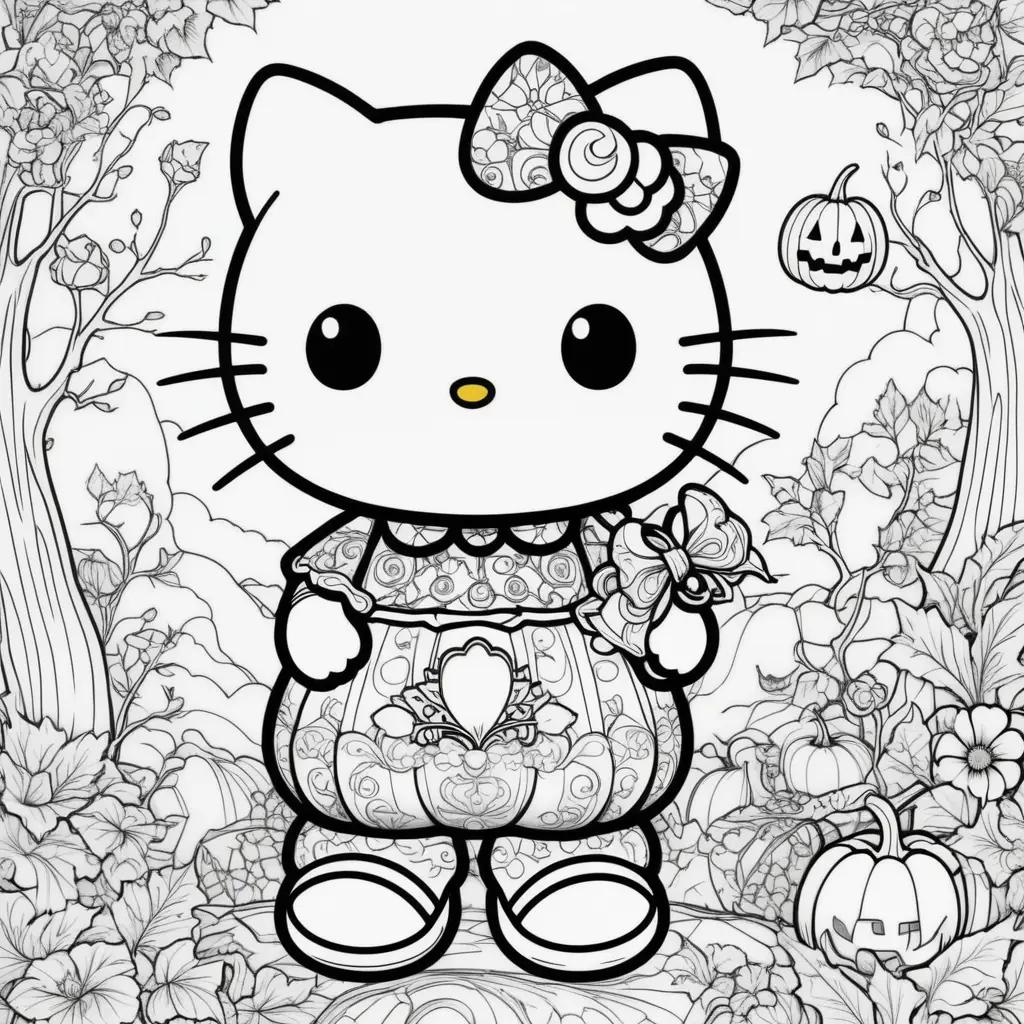 Hello Kitty Halloween Coloring Page with a Pumpkin and Jack OLantern