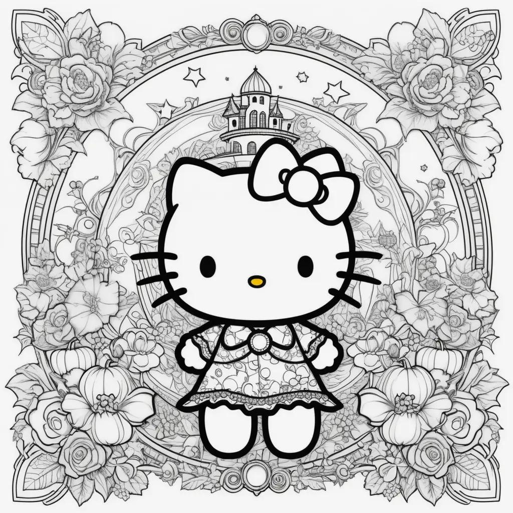 Hello Kitty Halloween Coloring Page with flowers and a castle