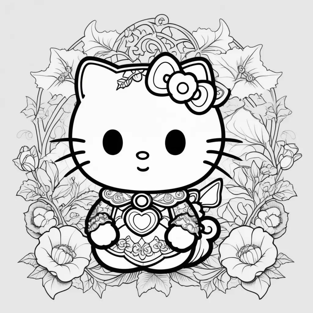 Hello Kitty Halloween Coloring Pages with Flowers and Leaves