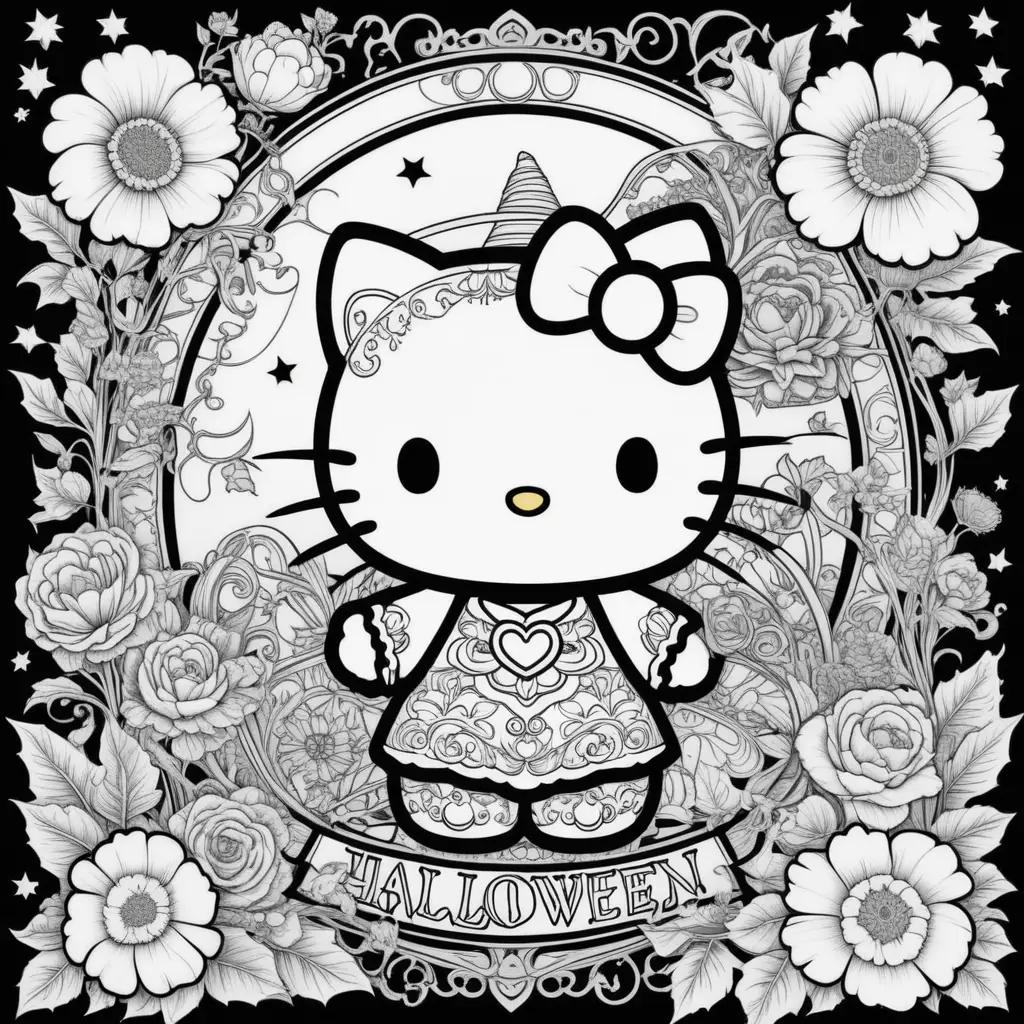 Hello Kitty Halloween coloring page with black and white coloring