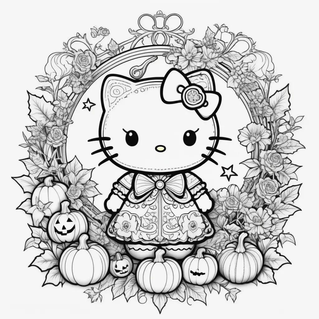 Hello Kitty Halloween coloring page with pumpkins and flowers