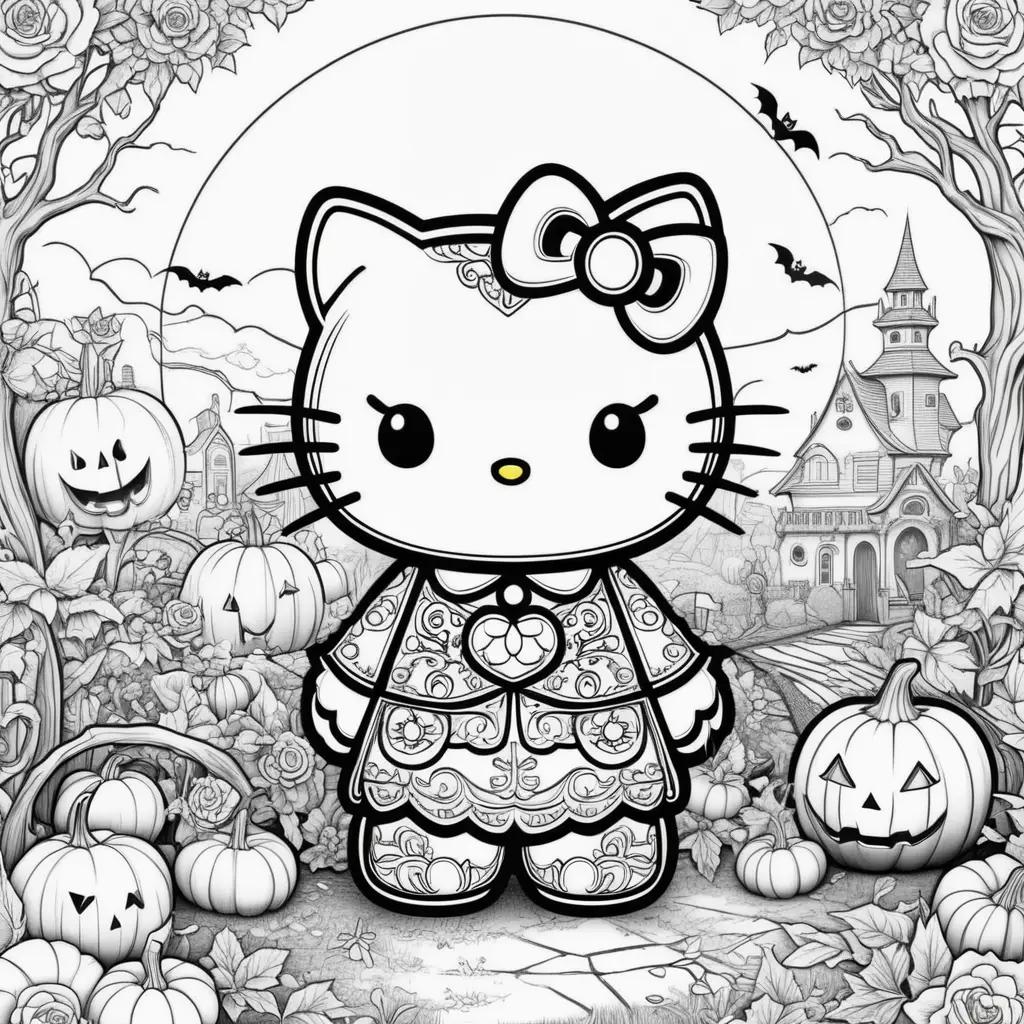 Hello Kitty Halloween coloring pages, black and white