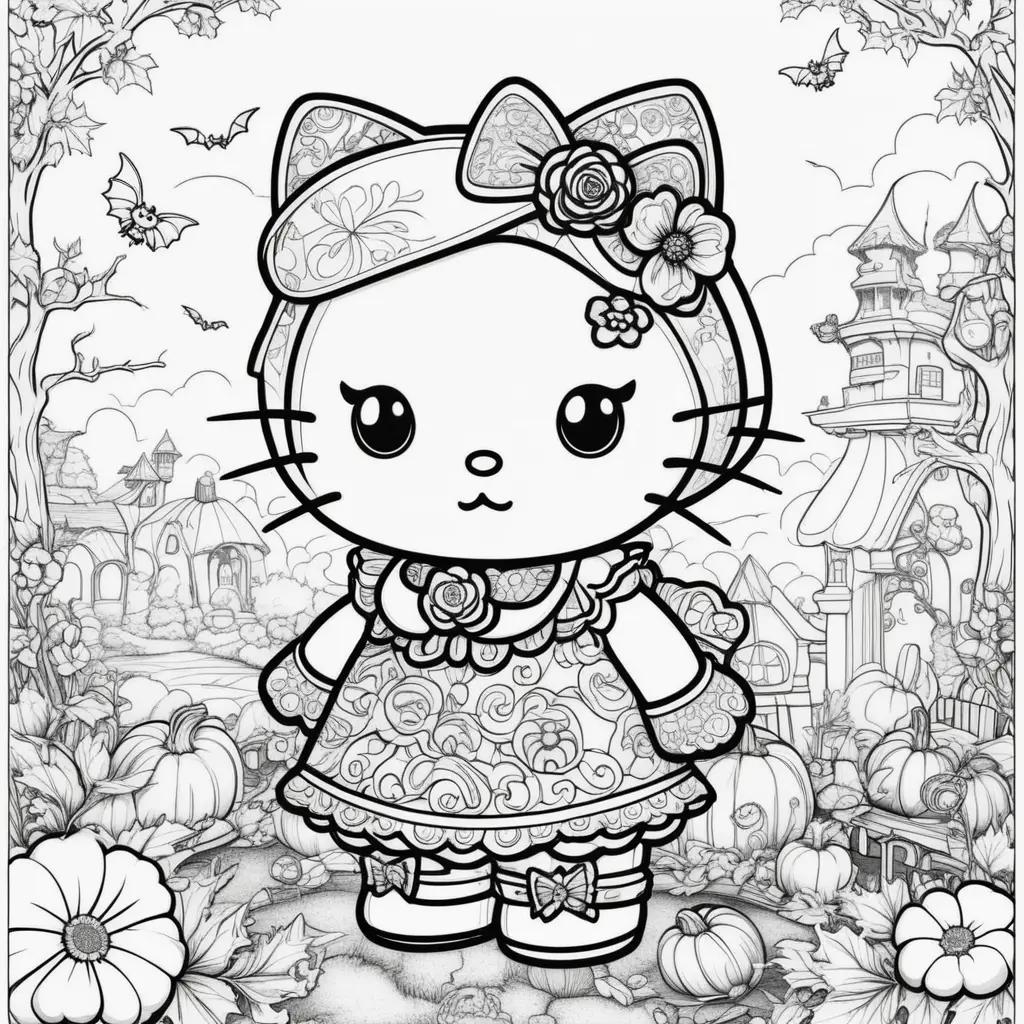 Hello Kitty Halloween coloring pages featuring a girl and pumpkins