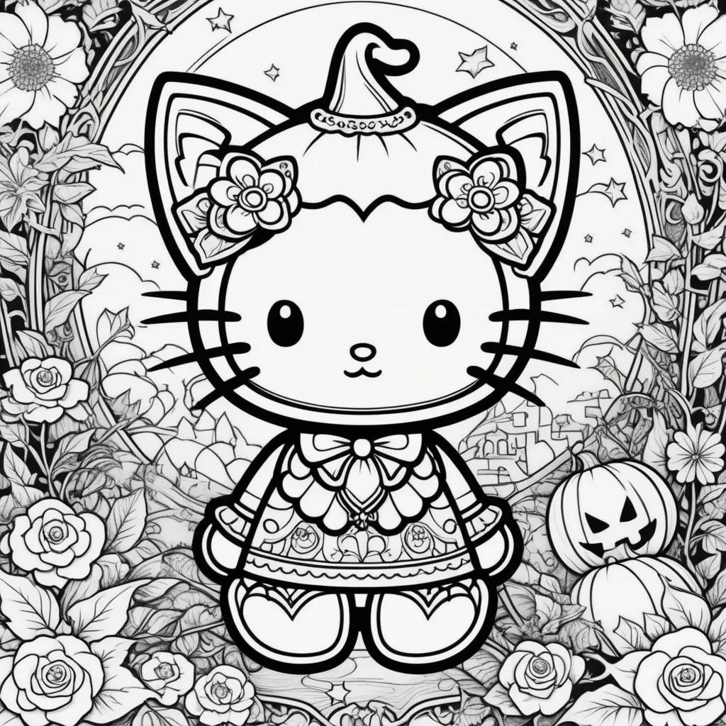 Hello Kitty Halloween coloring pages in black and white