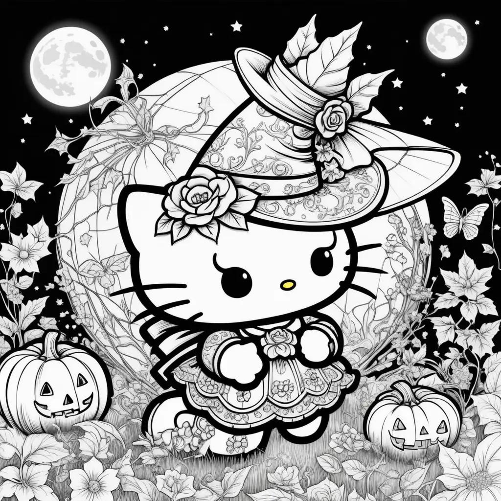 Hello Kitty Halloween coloring pages with a witch hat and pumpkin