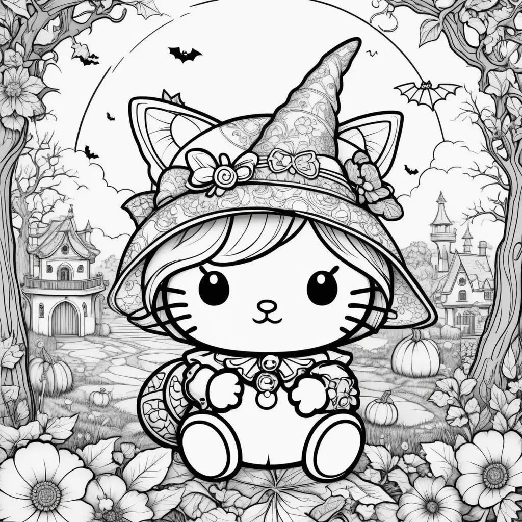 Hello Kitty Halloween coloring pages with a witch