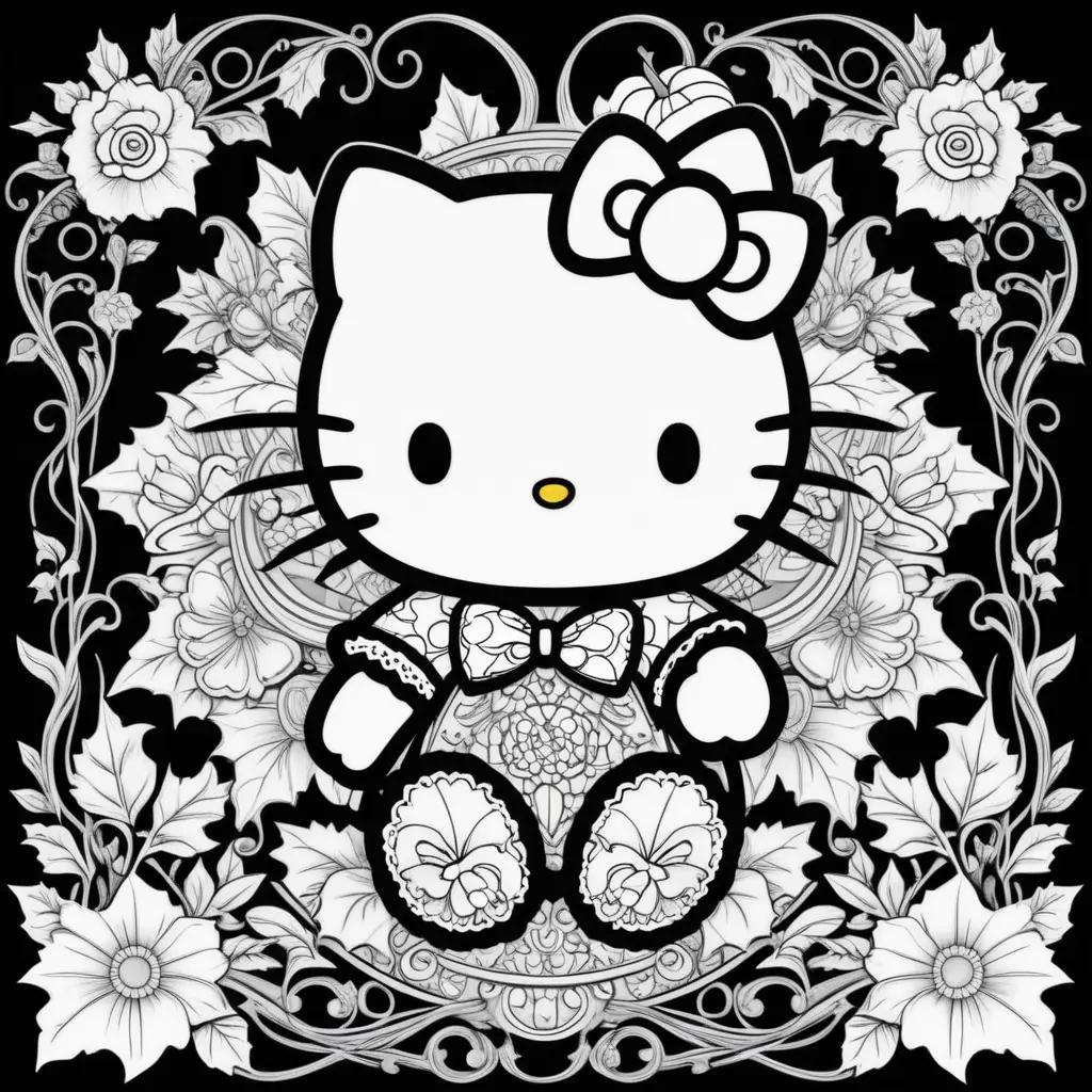 Hello Kitty Halloween coloring pages with flowers and bow