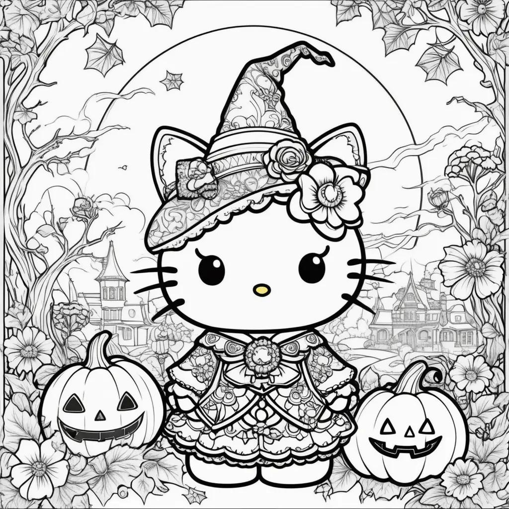 Hello Kitty Halloween coloring pages with pumpkins and a witch