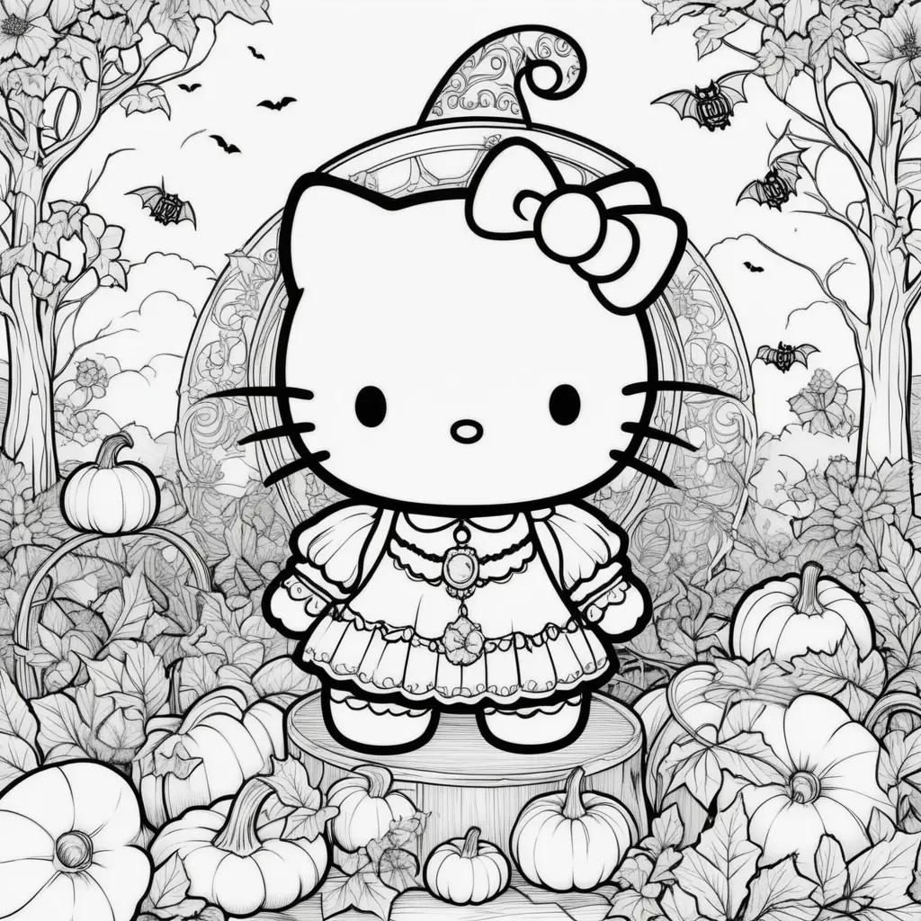 Hello Kitty Halloween coloring pages with pumpkins and bats