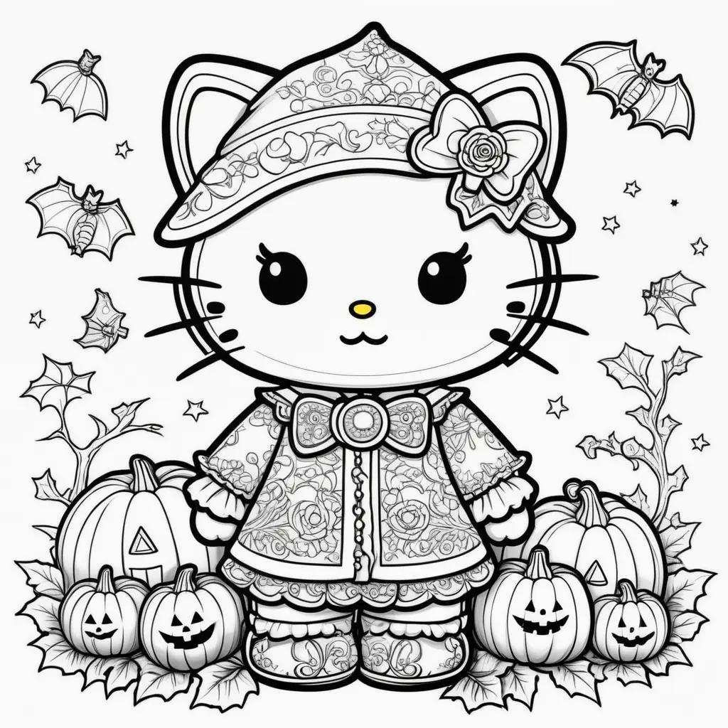 Hello Kitty Halloween coloring pages with pumpkins and bats