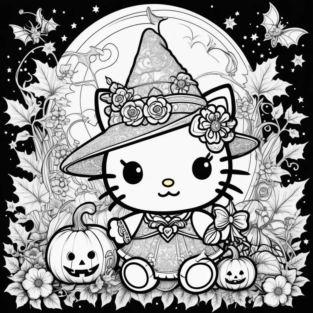 Hello Kitty Halloween coloring pages with pumpkins and bats