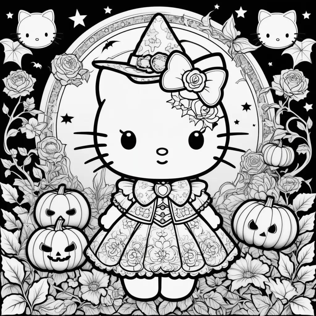 Hello Kitty Halloween coloring pages with pumpkins and roses