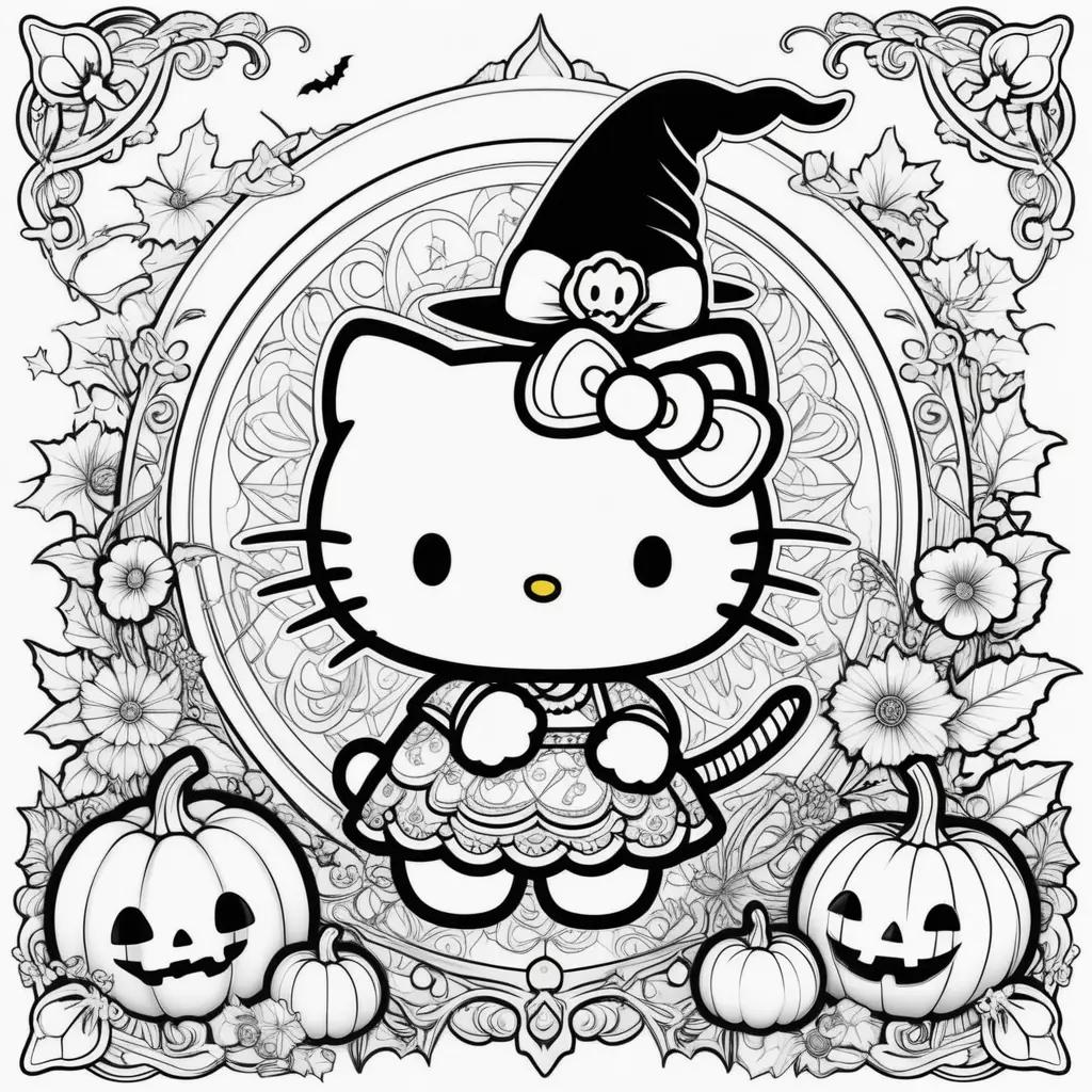 Hello Kitty Halloween coloring pages with pumpkins and witch