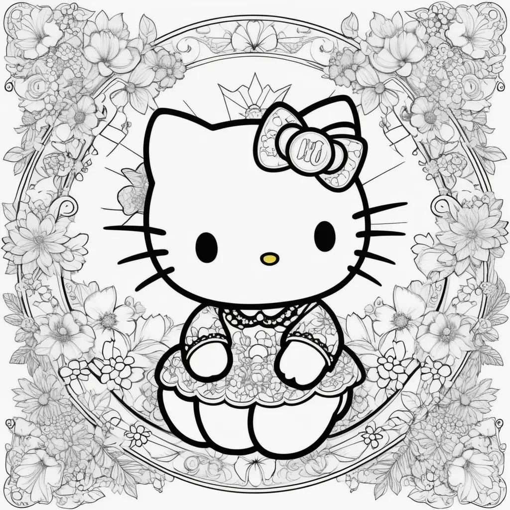 Hello Kitty character coloring page with flowers in the background