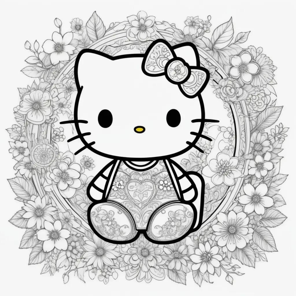 Hello Kitty characters coloring pages with floral background