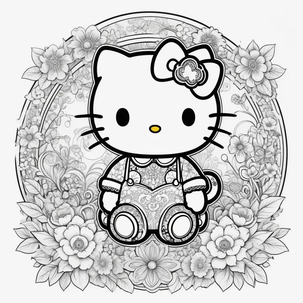 Hello Kitty color page with a bow and flowers