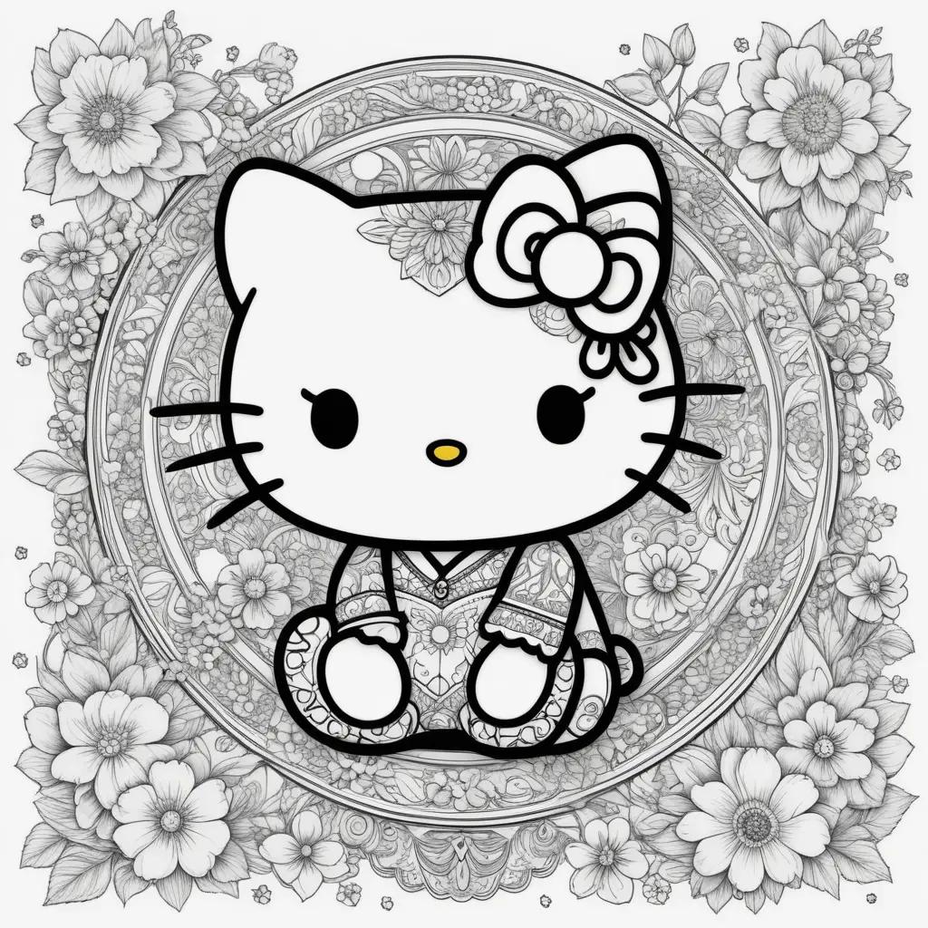 Hello Kitty color page with flowers in the background