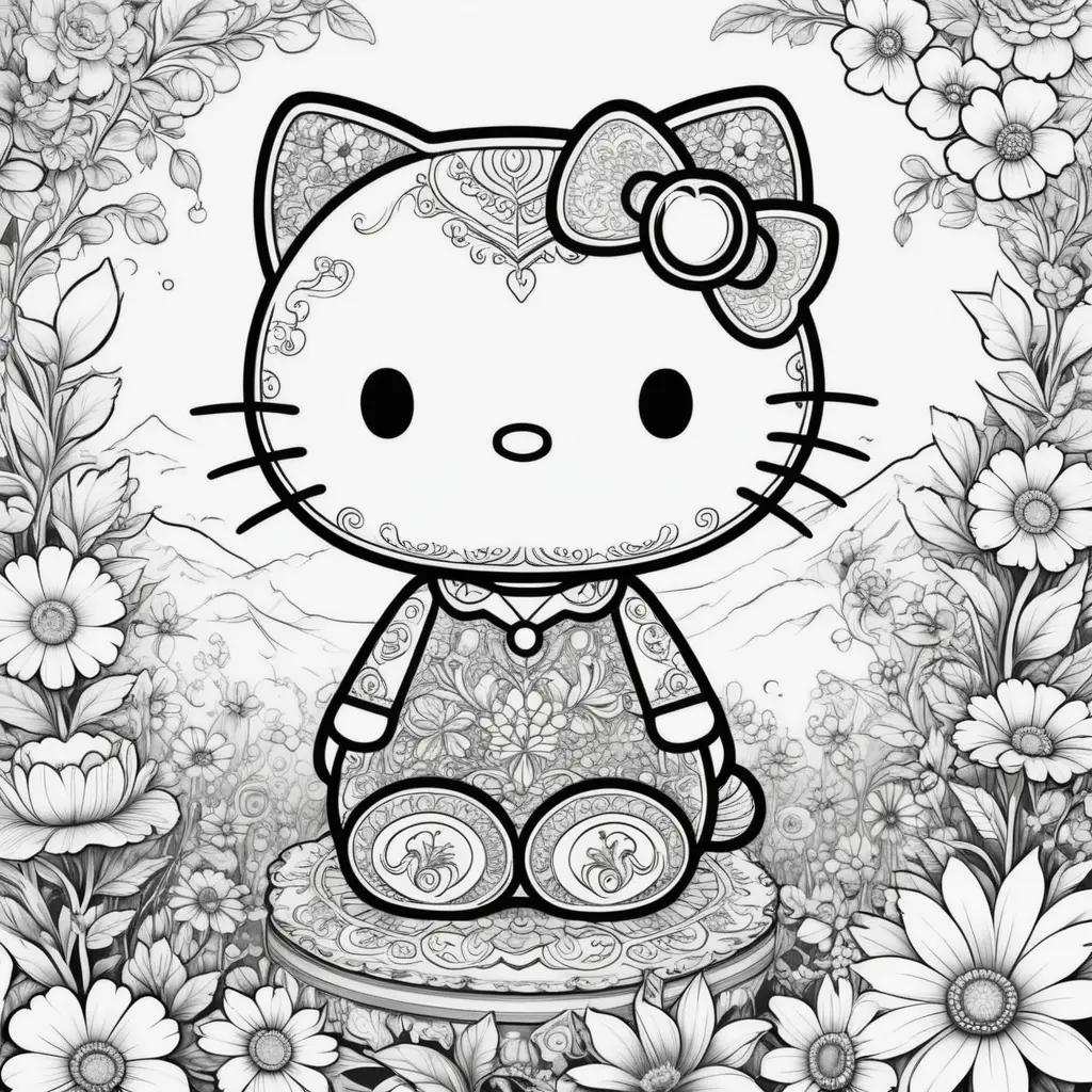 Hello Kitty color pages featuring a cute cat sitting on a flower