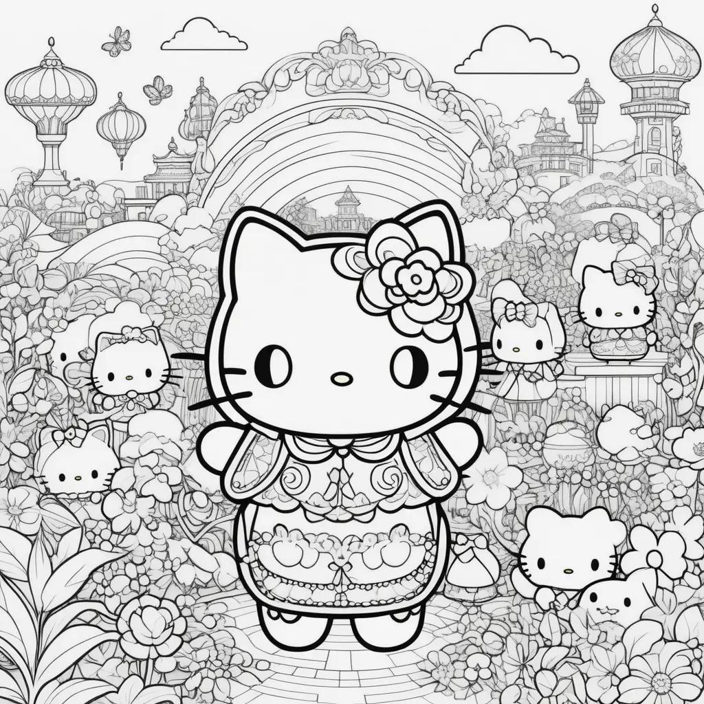 Hello Kitty color pages with a castle in the background