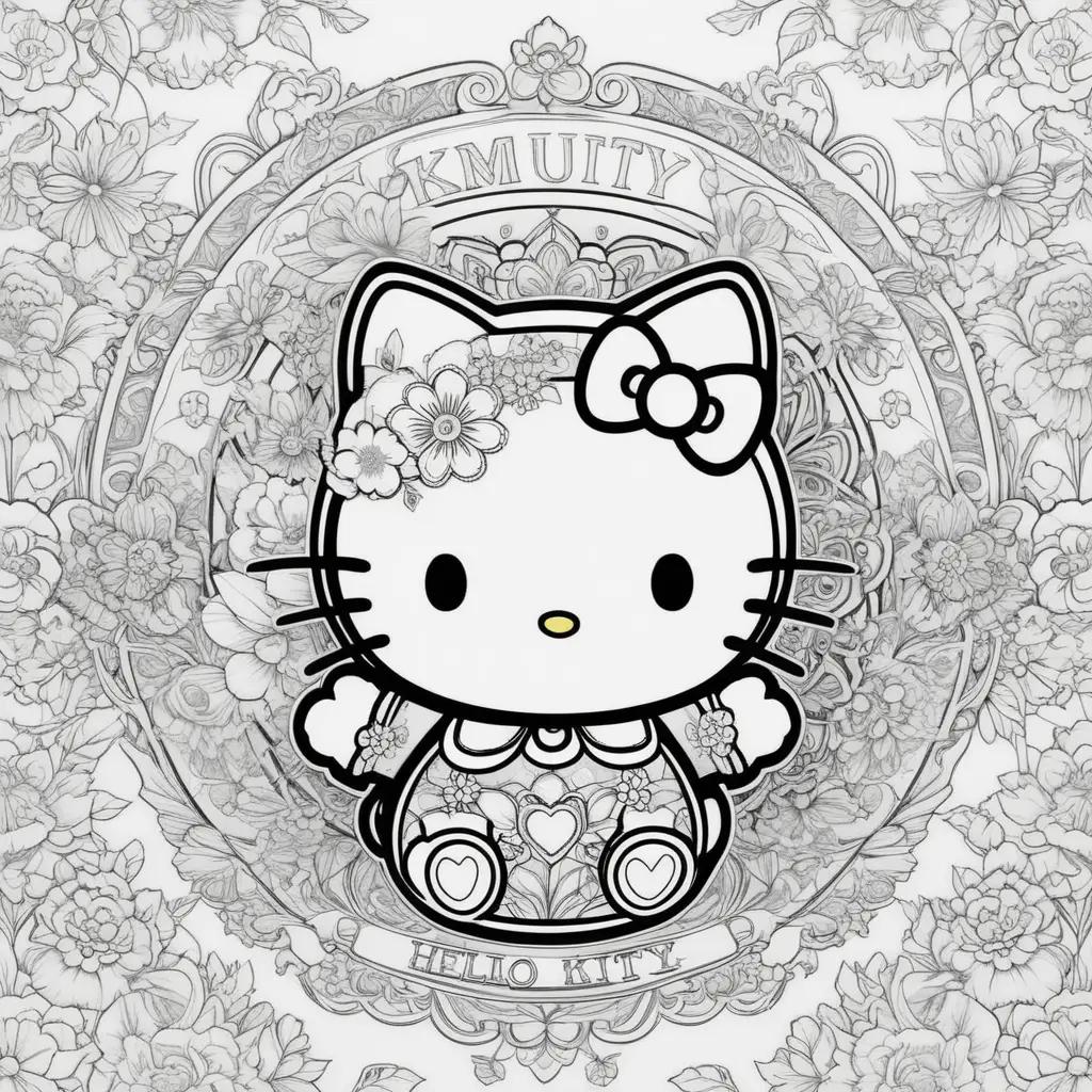 Hello Kitty color pages with a floral background