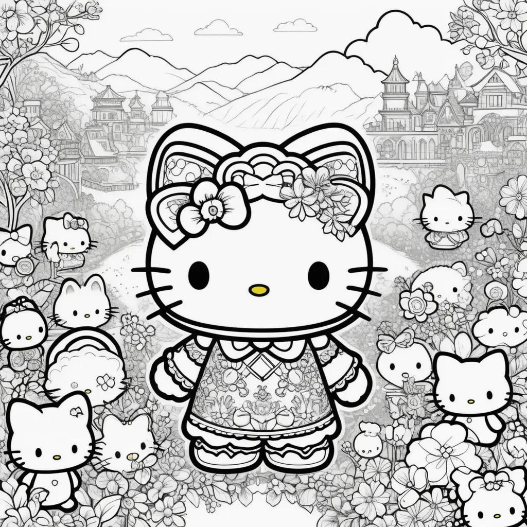 Hello Kitty color pages with mountains and cats