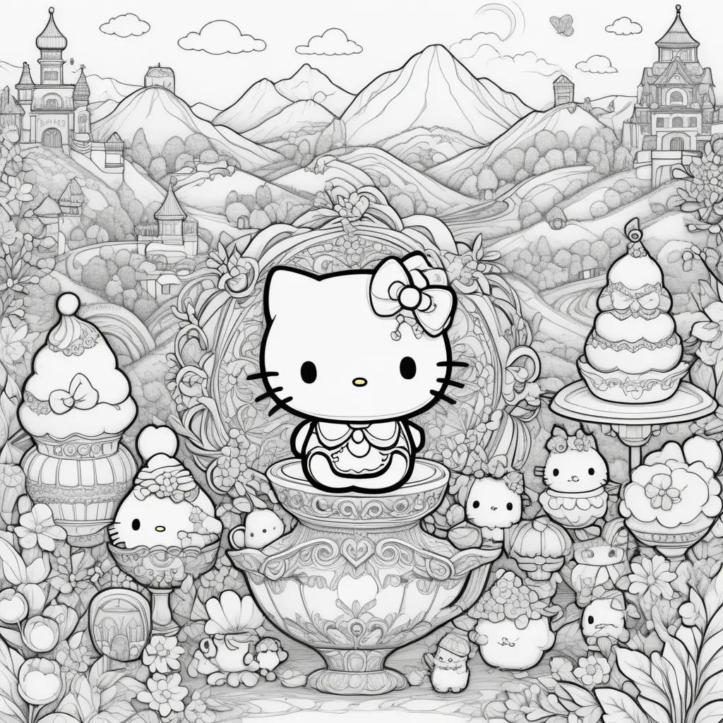 Hello Kitty coloring page featuring Hello Kitty and other Sanrio characters