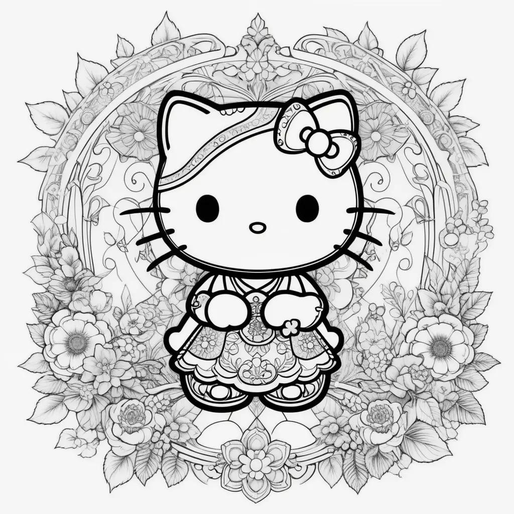 Hello Kitty coloring page featuring a girl in a dress and bow