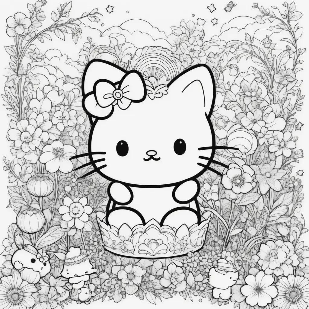 Hello Kitty coloring page in a garden