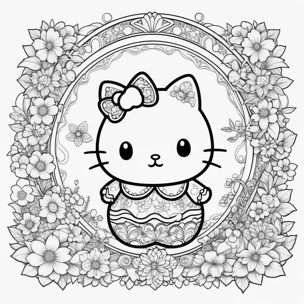 Hello Kitty coloring page surrounded by flowers