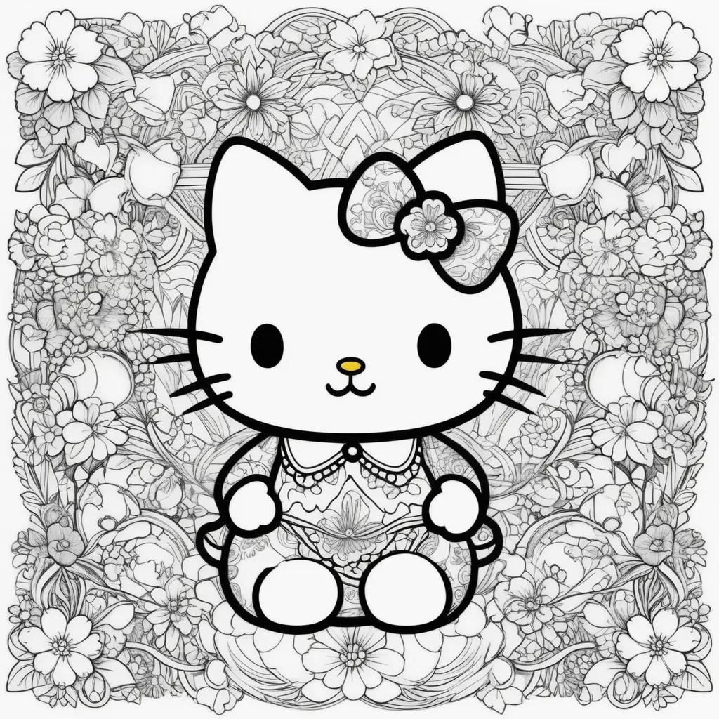 Hello Kitty coloring page with flowers