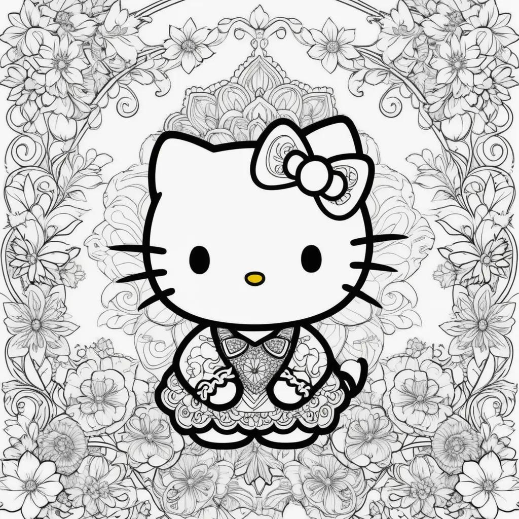 Hello Kitty coloring page with flowers