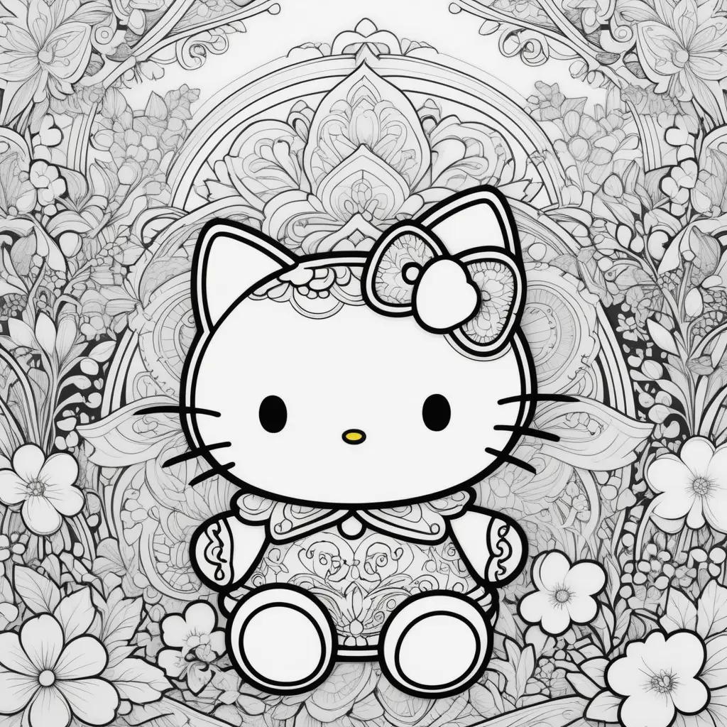 Hello Kitty coloring page with flowers and bow