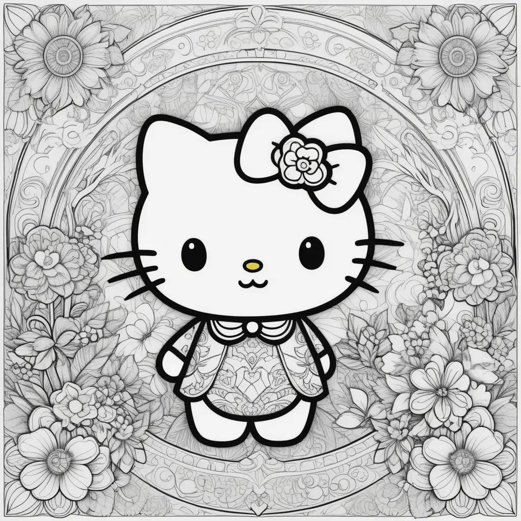 Hello Kitty coloring page with flowers and bow