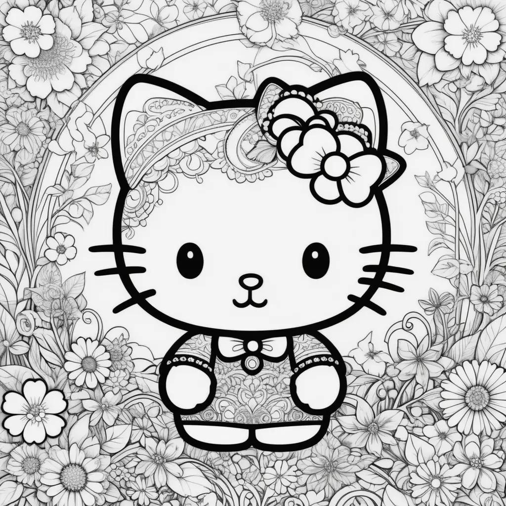 Hello Kitty coloring page with flowers and bow