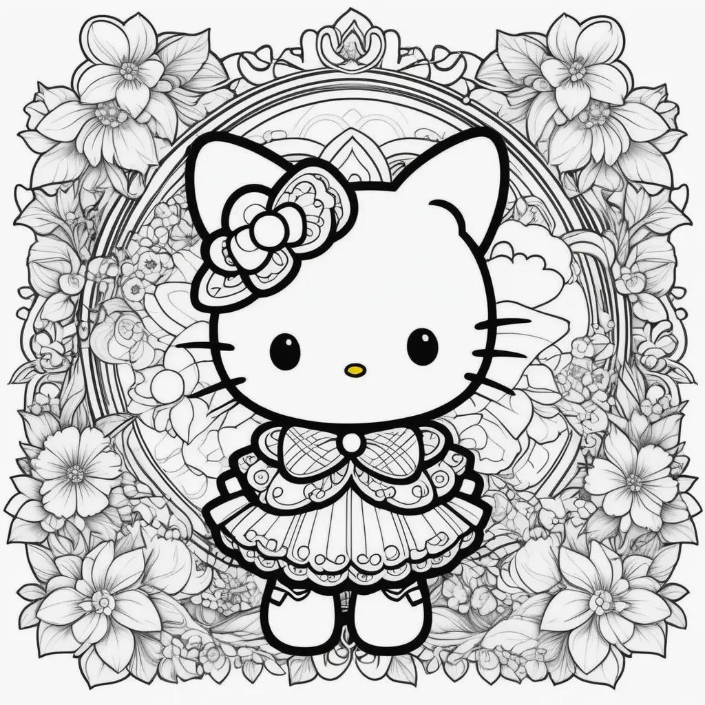 Hello Kitty coloring page with flowers and bow