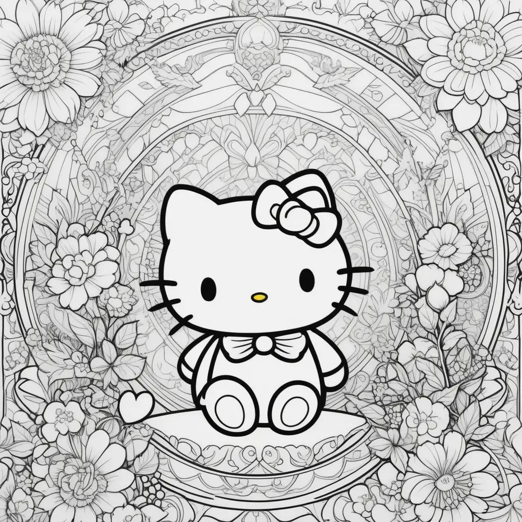 Hello Kitty coloring page with flowers and bow