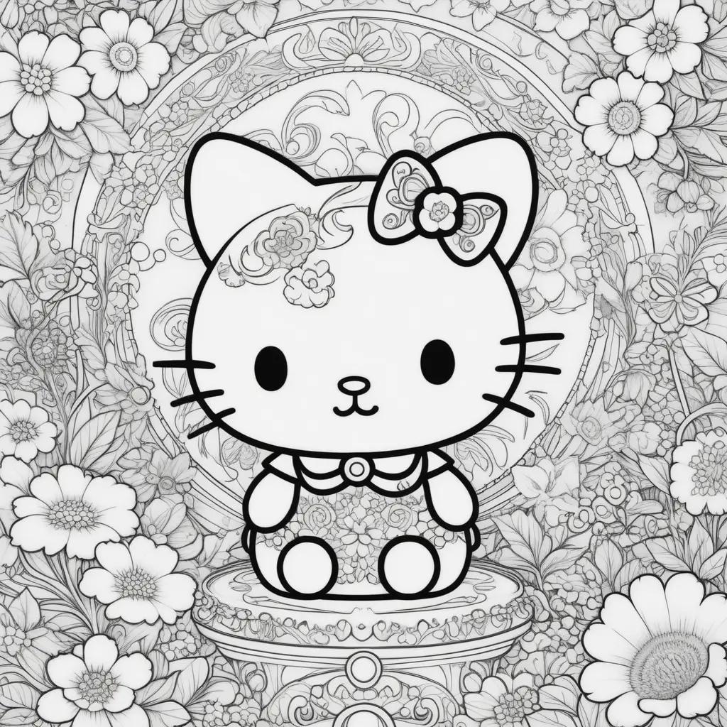 Hello Kitty coloring page with flowers and bow