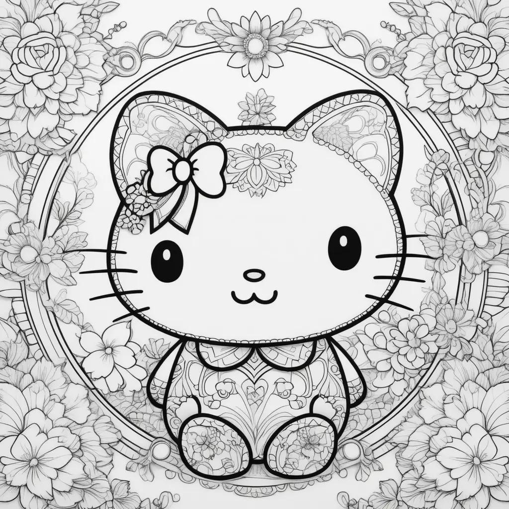 Hello Kitty coloring page with flowers and bow