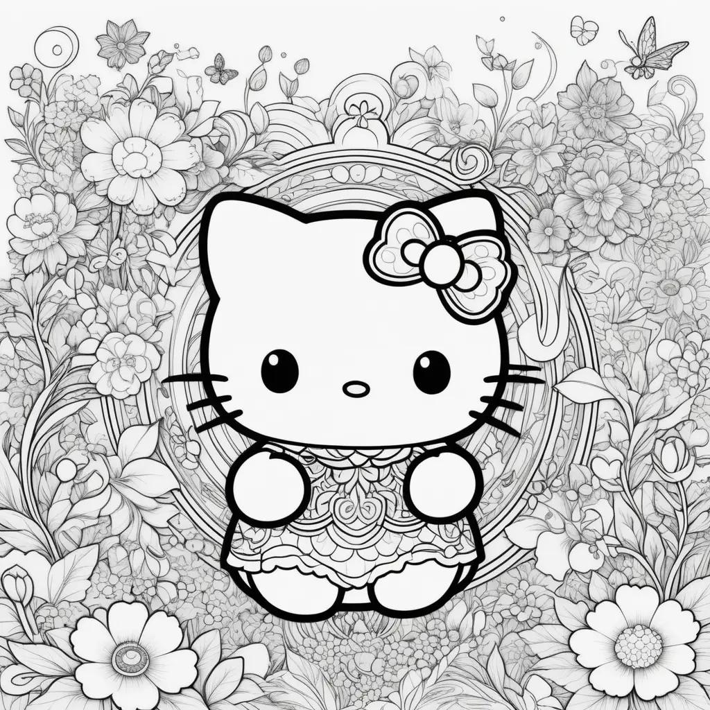 Hello Kitty coloring page with flowers and butterflies