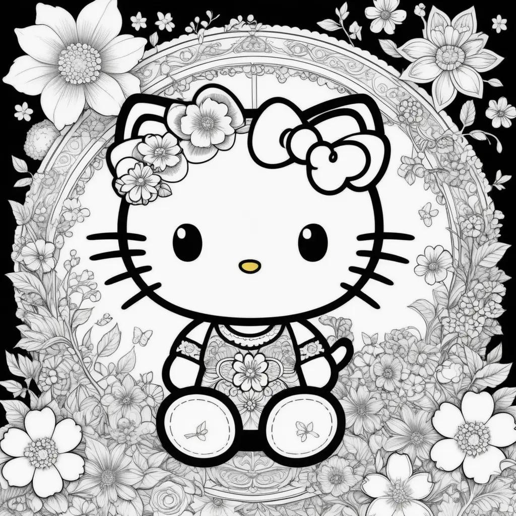 Hello Kitty coloring page with flowers and butterflies