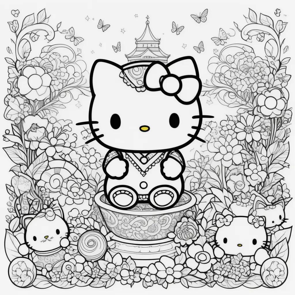 Hello Kitty coloring page with flowers and butterflies