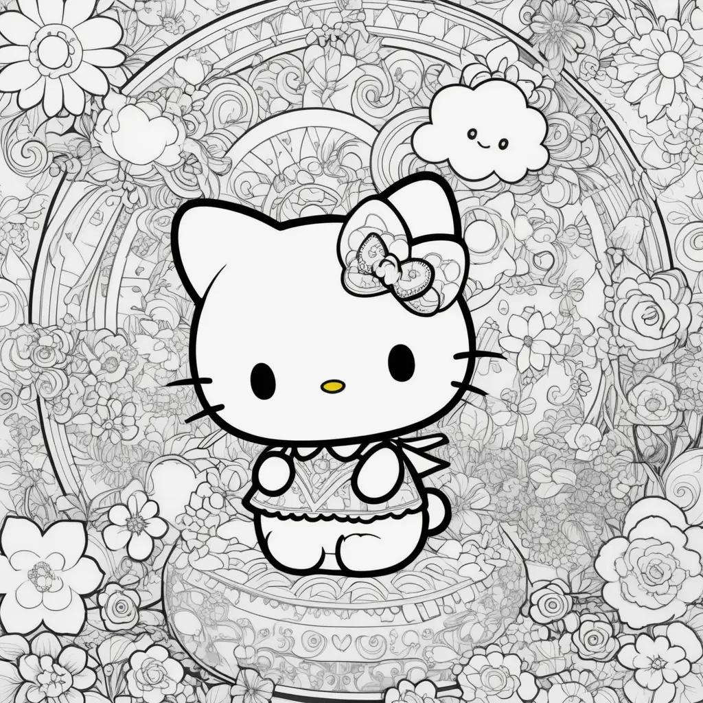 Hello Kitty coloring page with flowers and clouds