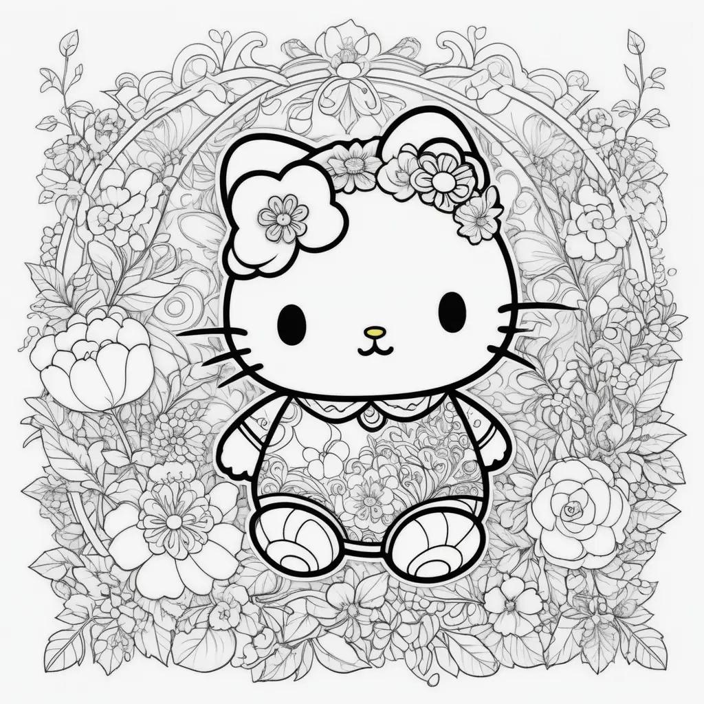 Hello Kitty coloring page with flowers and leaves