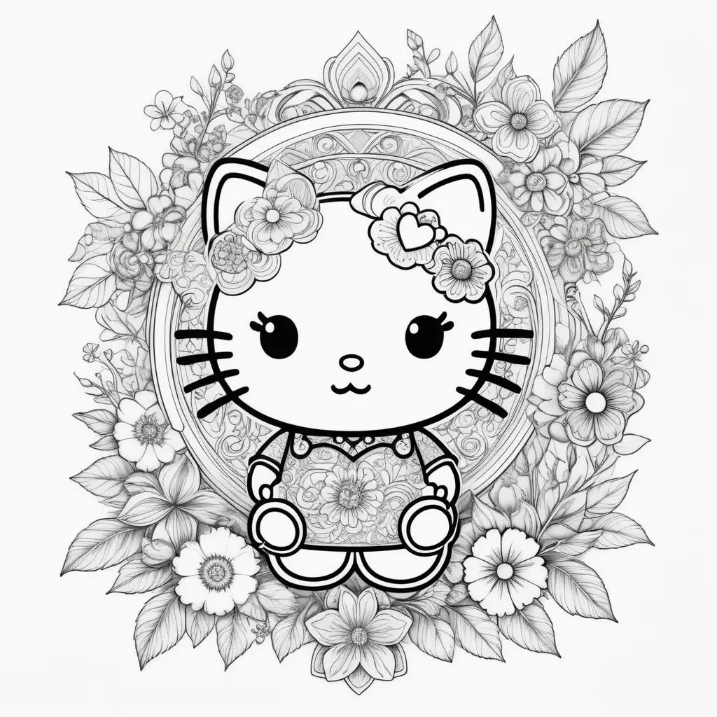 Hello Kitty coloring page with flowers and leaves