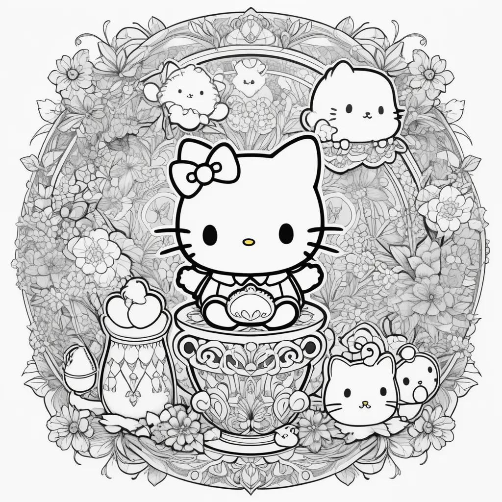 Hello Kitty coloring page with flowers and other characters