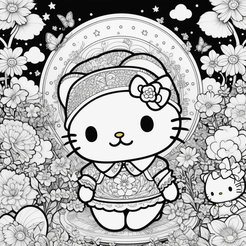 Hello Kitty coloring page with stars in the background