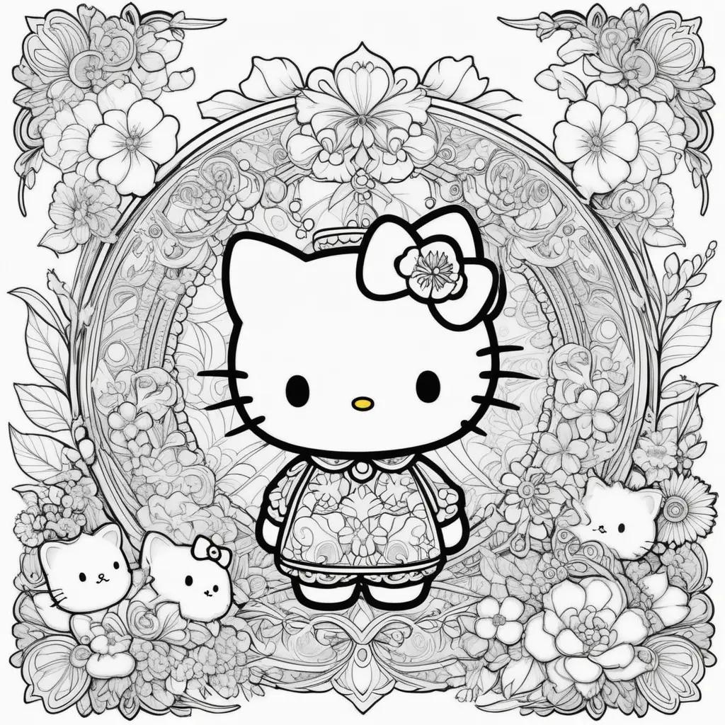 Hello Kitty coloring pages featuring Sanrio characters and flowers