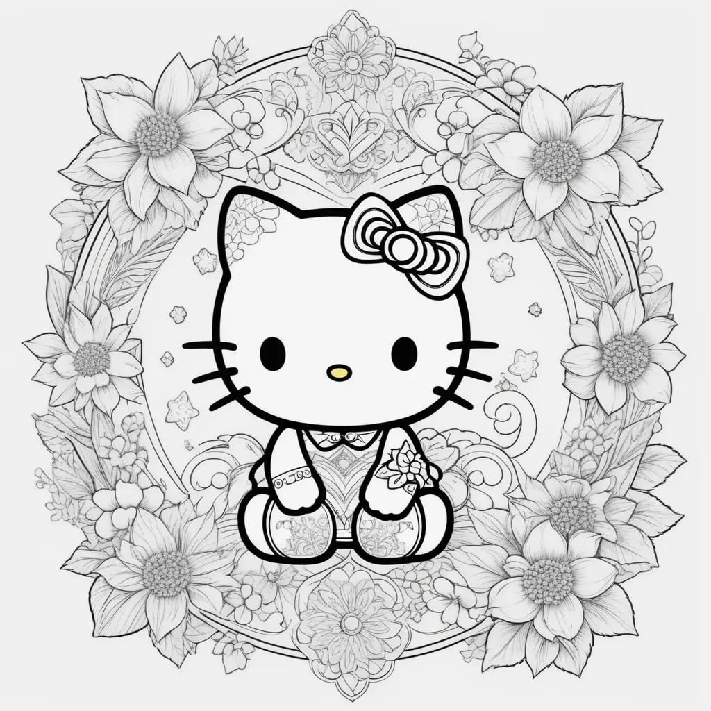 Hello Kitty coloring pages featuring a bow and flowers