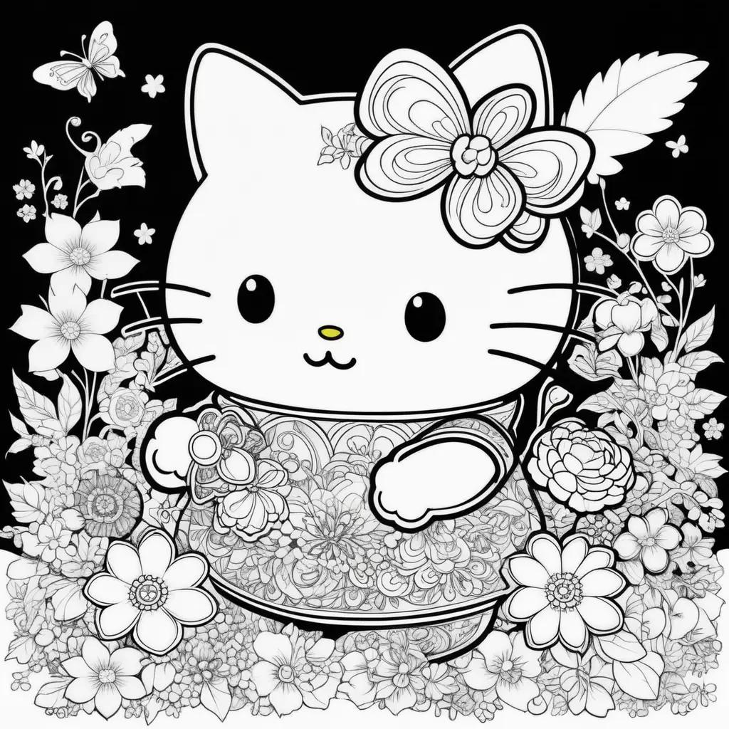 Hello Kitty coloring pages featuring a flower and butterfly