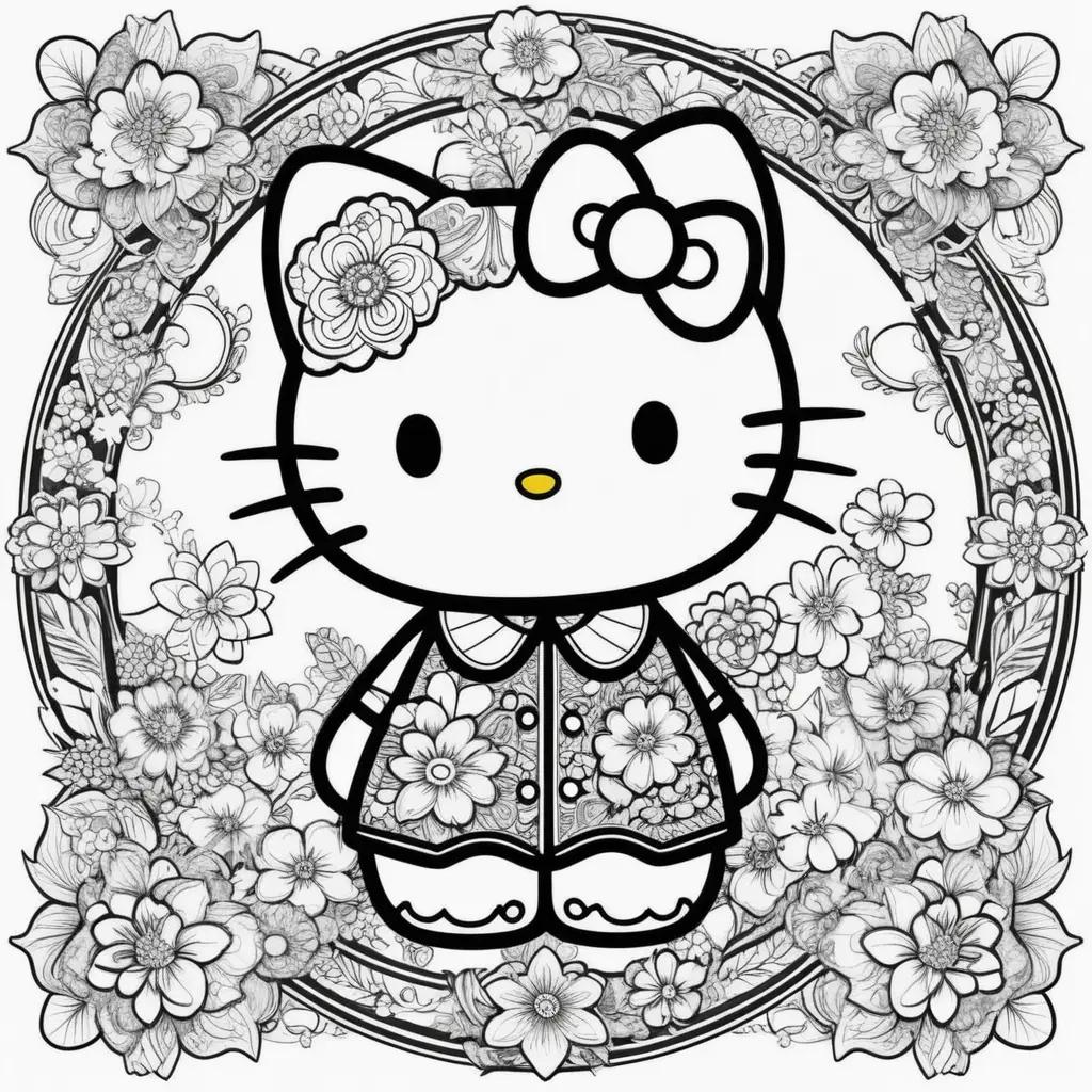 Hello Kitty coloring pages featuring a girl and flowers